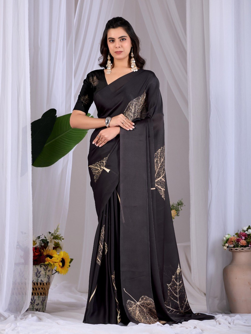 Elegant Black Satin Georgette Saree with Golden Leaf Print | Party Wear Designer Saree with Blouse