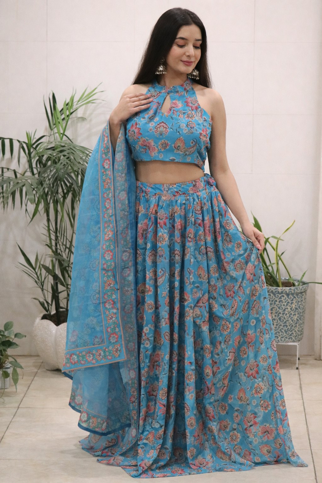 Elegant Blue Floral Organza Lehenga Set with Halter Neck Blouse & Dupatta