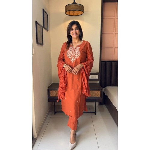 Summer cotton chikenkari embridery Kurta Pant With Dupatta Set For Women