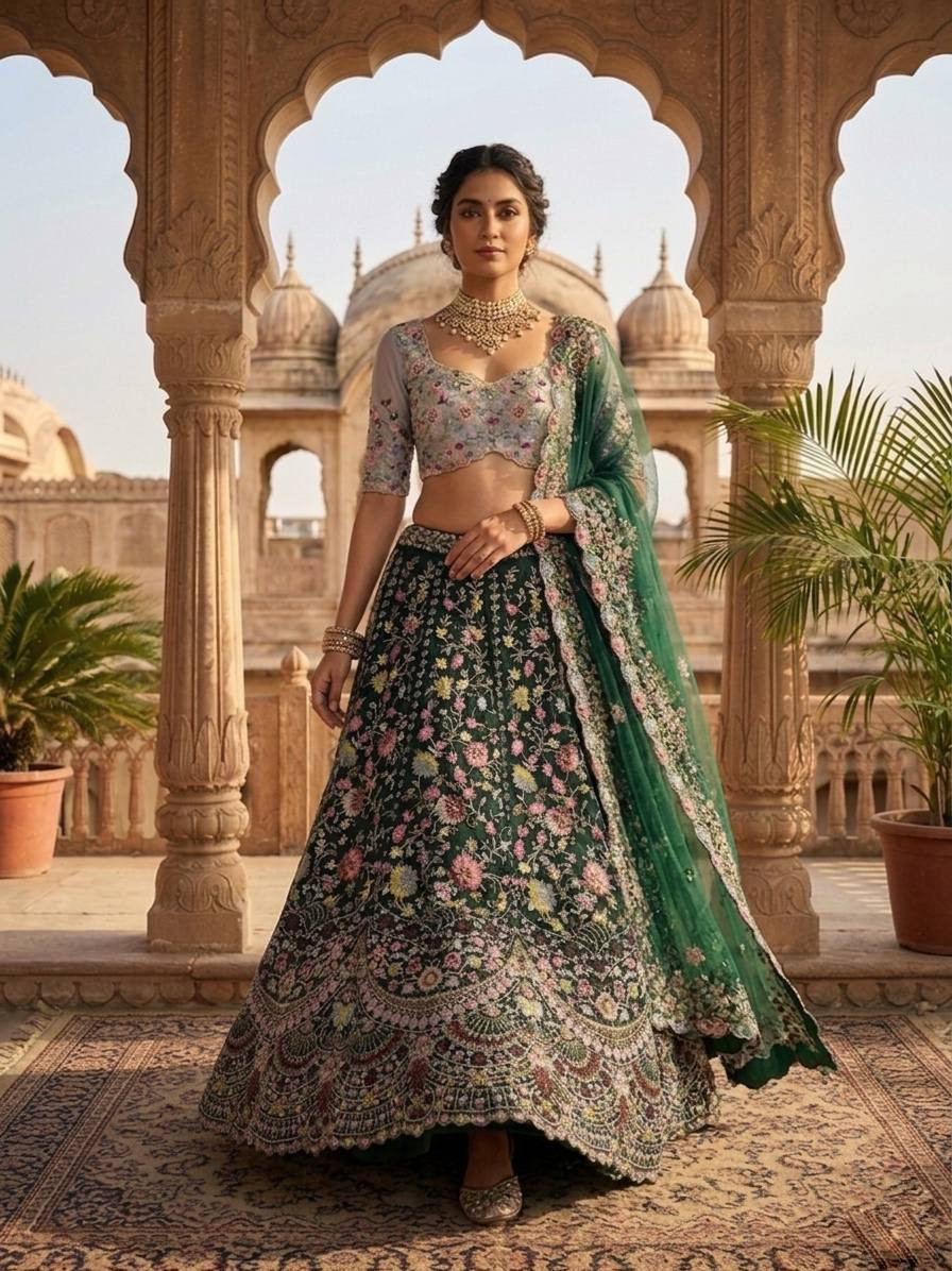4 Meter Flared Semi-Stitched Bridal Wear Lehenga with Butterfly Net Dupatta