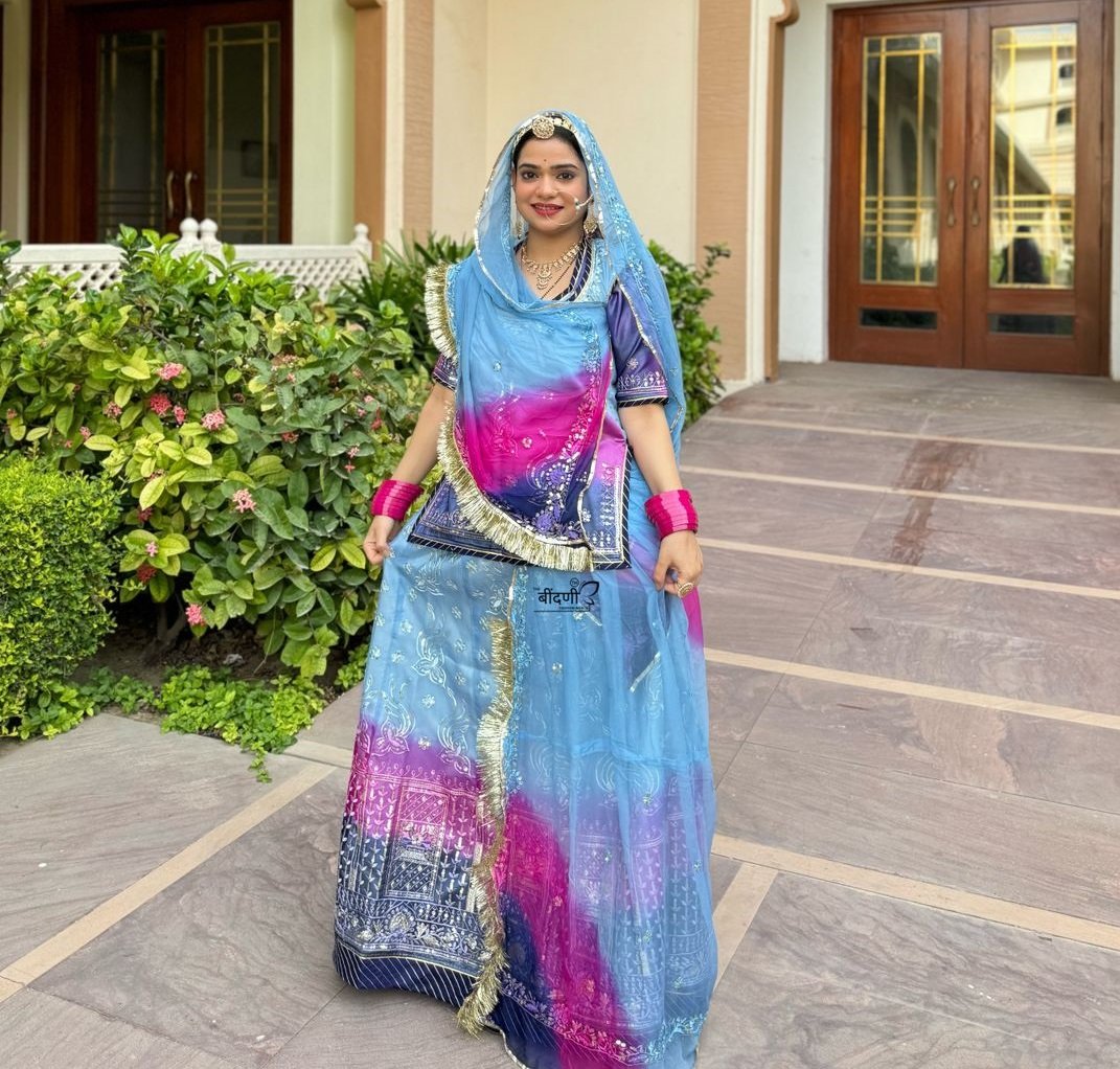 3D Heavy Organza Poshak With Sequence And Zari Work In Sky Blue Colour