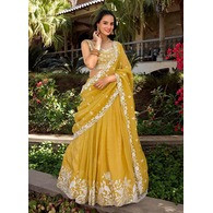 Embellished Semi Stitched Chinon Lehenga Choli with Dupatta (Mustard, Zari & Sequin Work)