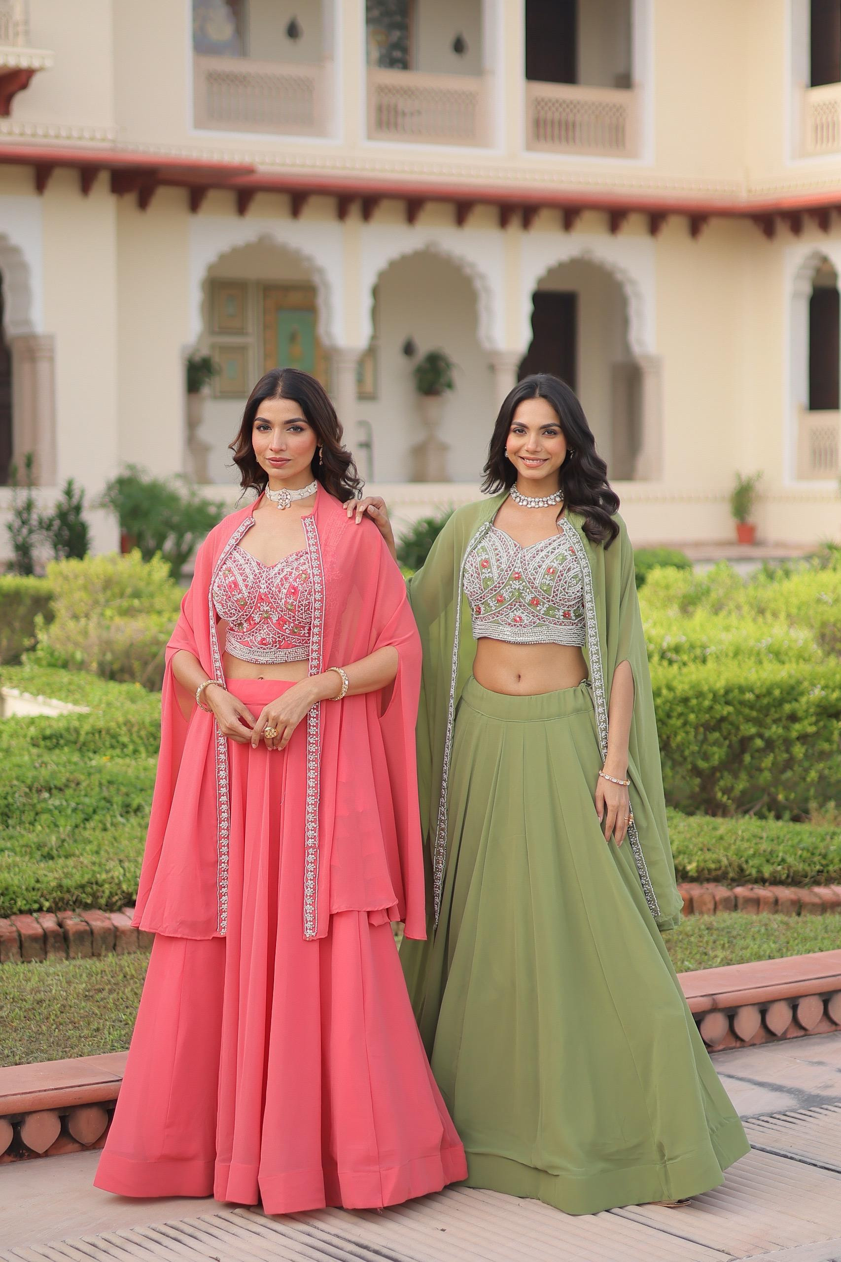 Elegant Faux Georgette Lehenga Choli with Embroidered Koti Set for Women