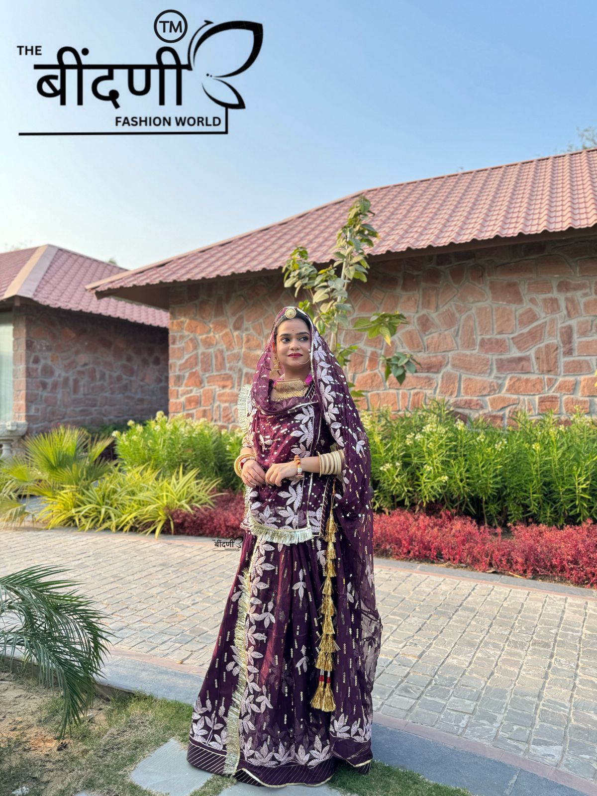 Vintage Elegance: Wine-Hued Tissue Suit with Intricate Ribbon Embellishments(Semi stich)