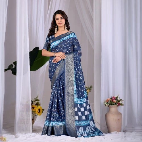 Elegant Navy Blue Bandhani Style Soft Lichi Silk Saree with Woven Border