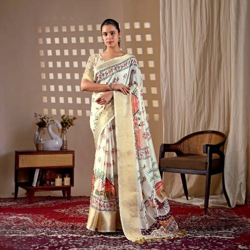 Elegant Cream Lichi Silk Saree | Village Art Print | Rich Woven Border