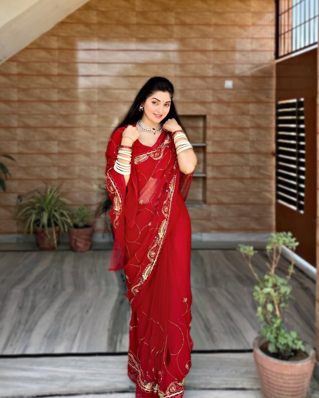 Royal Maroon Georgette Rajputi Saree with Sequence Work (5.50 Mtr)