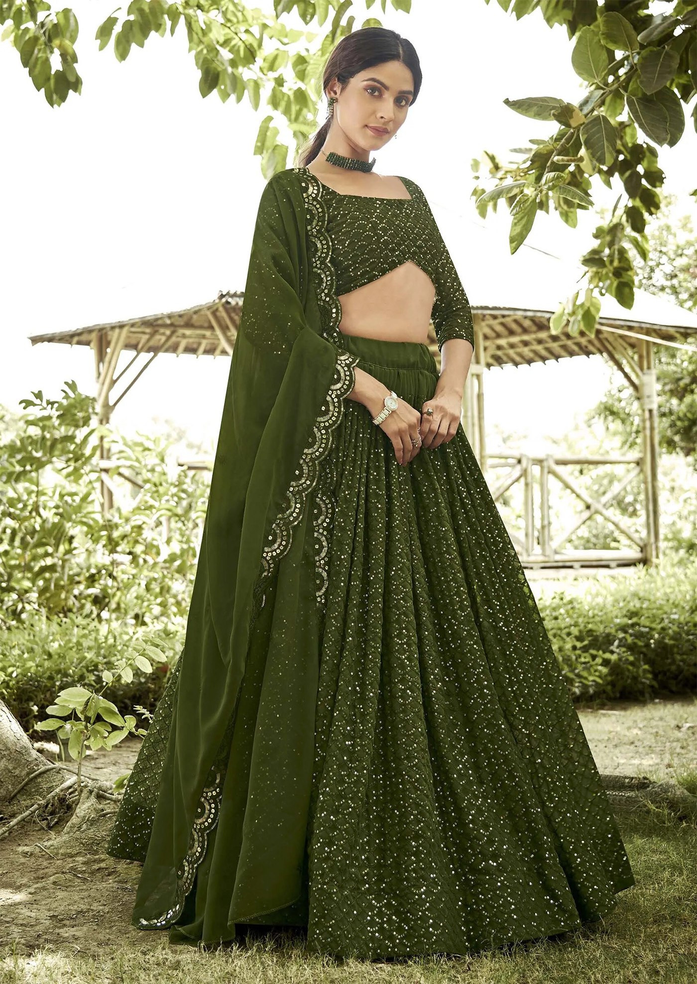 Embellished Semi-Stitched Georgette Lehenga Choli with Dupatta – Green