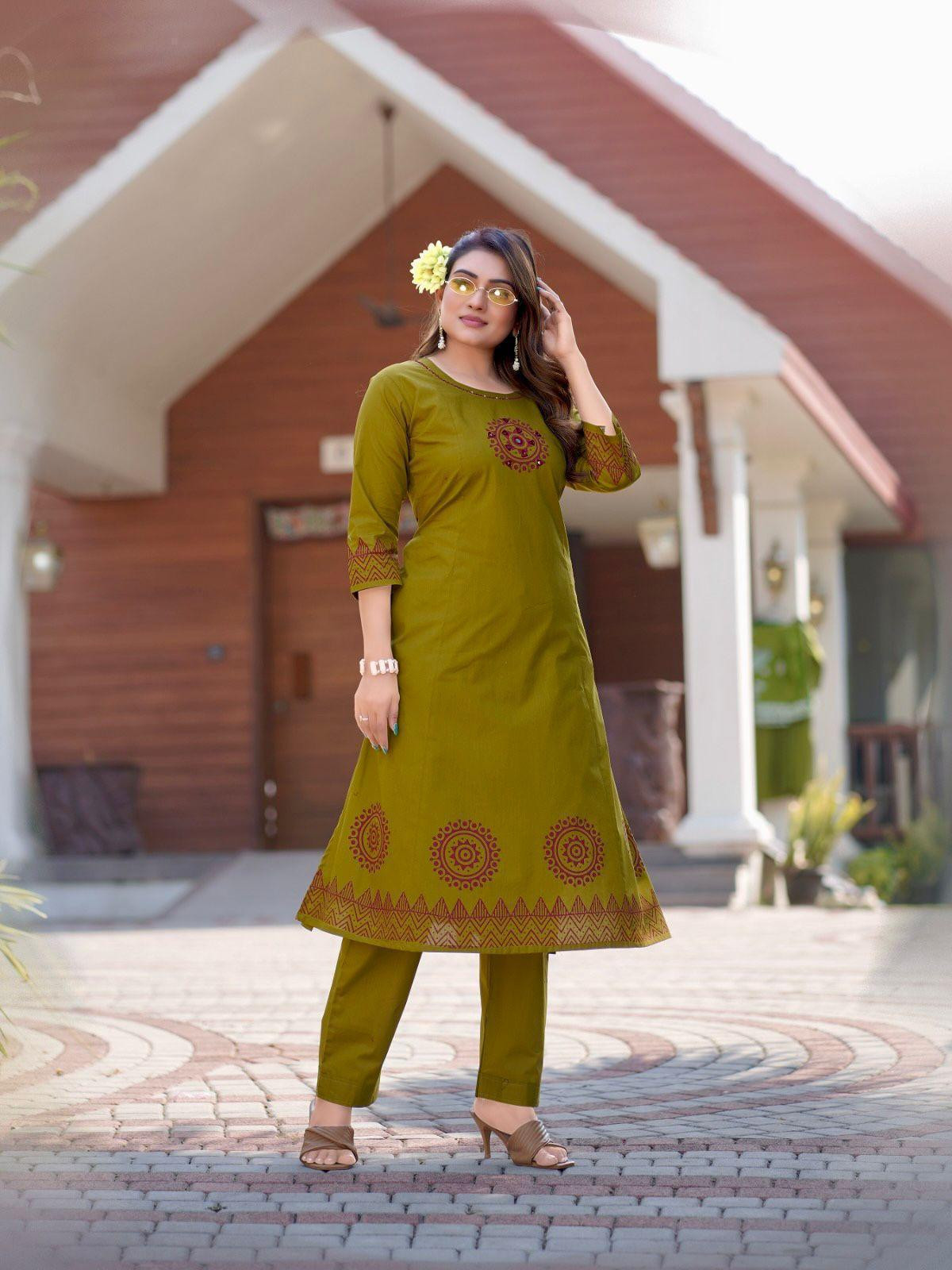 Designer A-Line Cotton Kurti Pant Set - Mirror Work | Women's Ethnic Wear