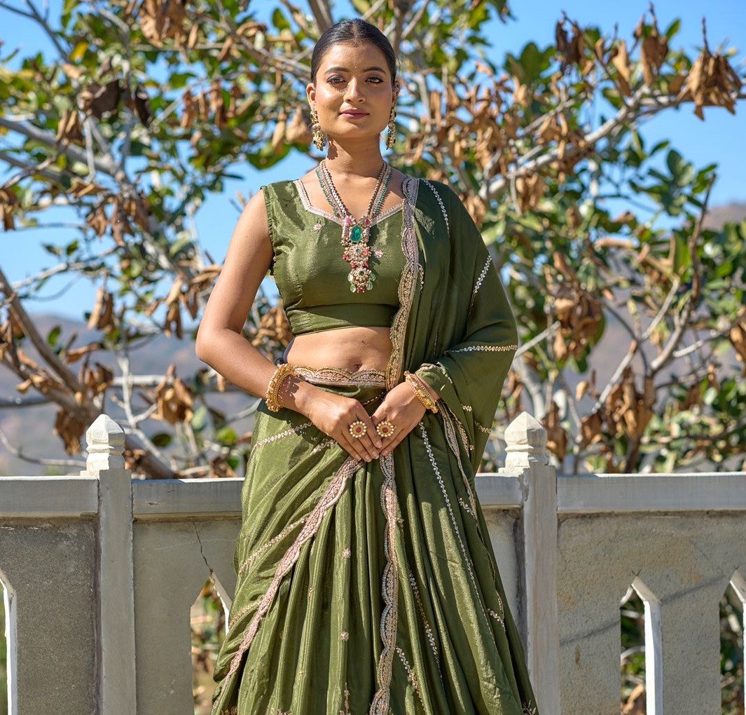 Mehendi Coloured Classical Embroidery Lehenga Choli For Women
