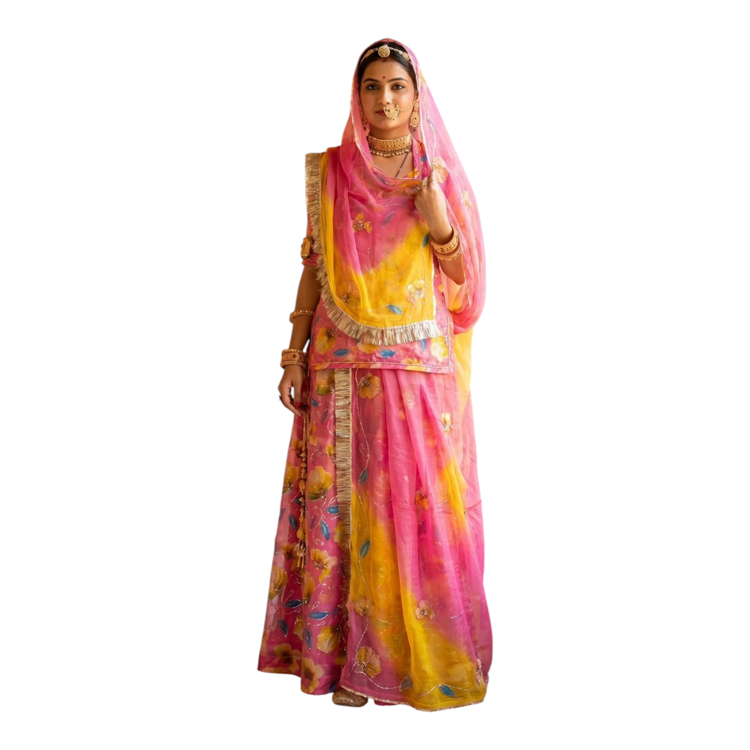 Printed Tissue Unstitched Rajasthani Poshak with Handwork & Japani Tora Odhna
