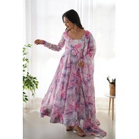 Printed Georgette Stitched Anarkali Gown with Dupatta – Multicolour, Full Sleeve, Elegant Flair