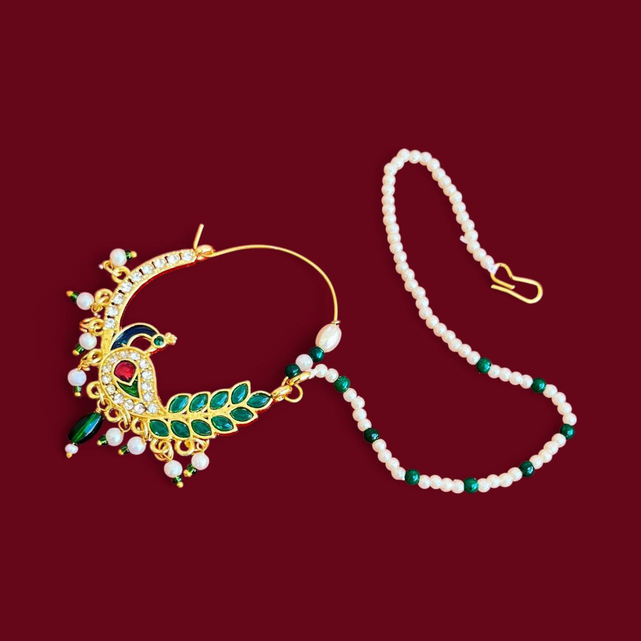 Gold Plated Peacock Design Nath - Nose Ring With Chain
