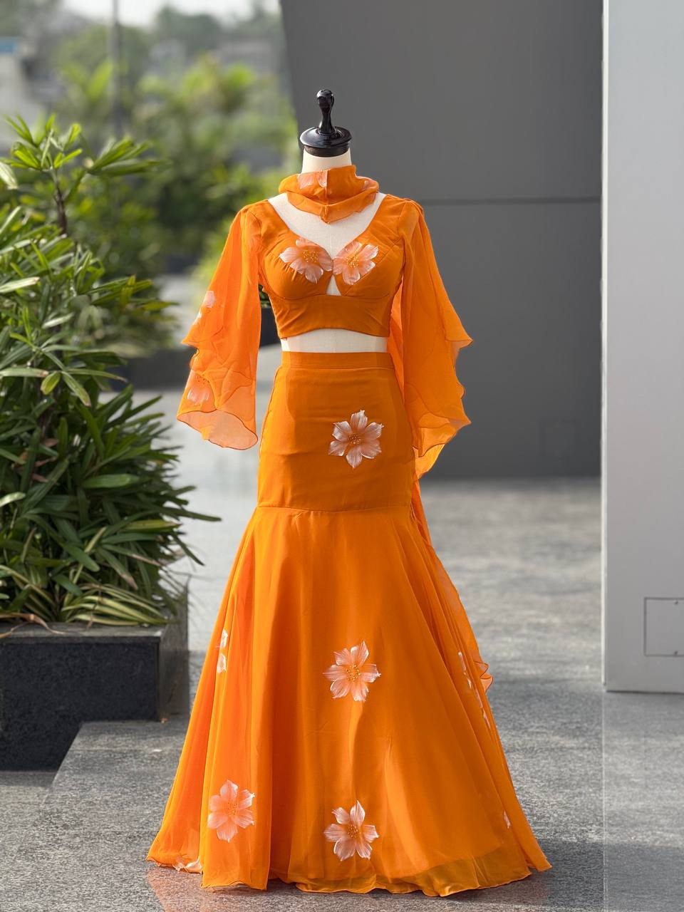 Premium Georgette Handpaint Fish-Cut Lehenga Set With Designer Ruffle Sleeves & Cascade Dupatta – Exclusive Real-Shoot Design