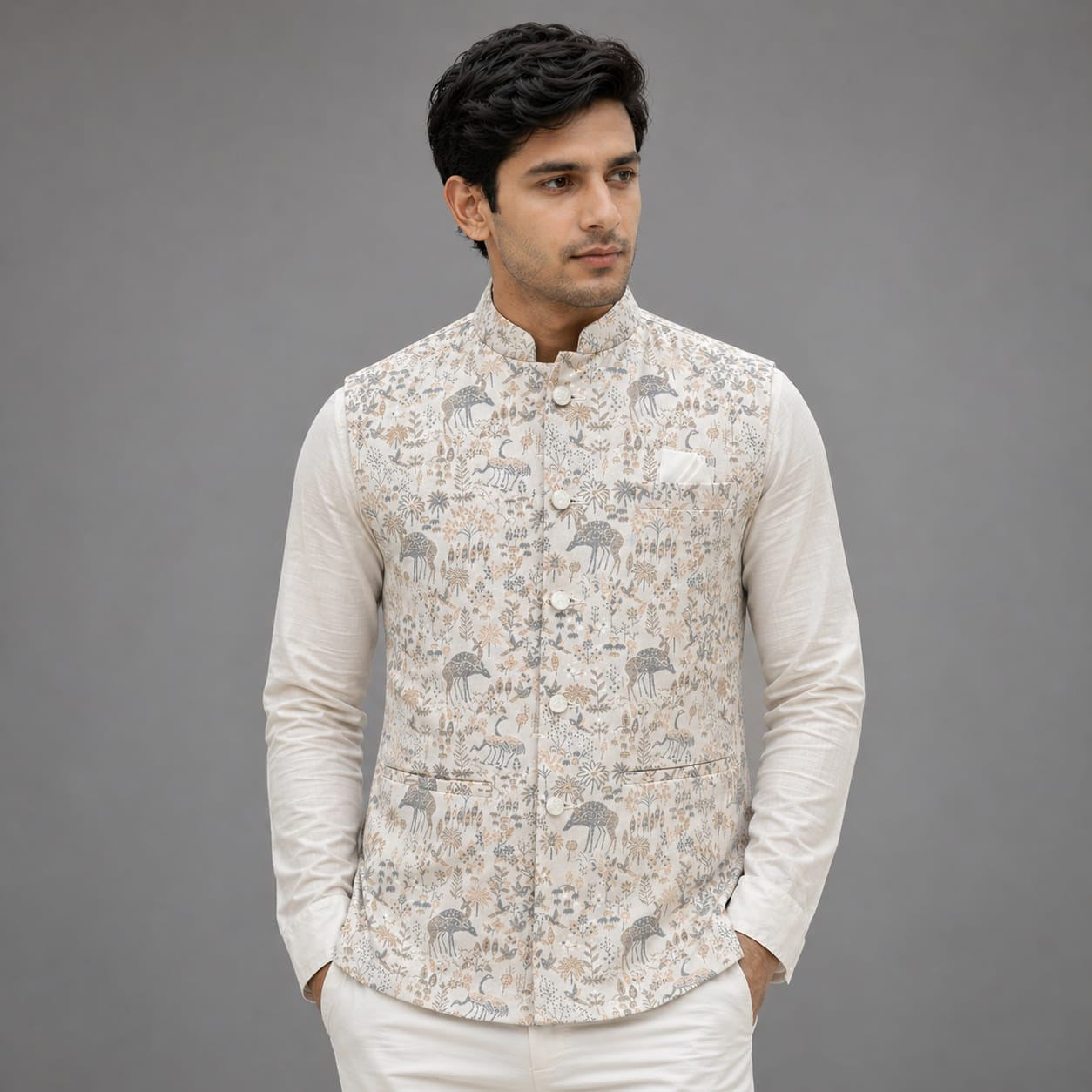 Premium Deer Jacquard Nehru Jacket for Men | Designer Ethnic Koti | Wedding & Festive Wear