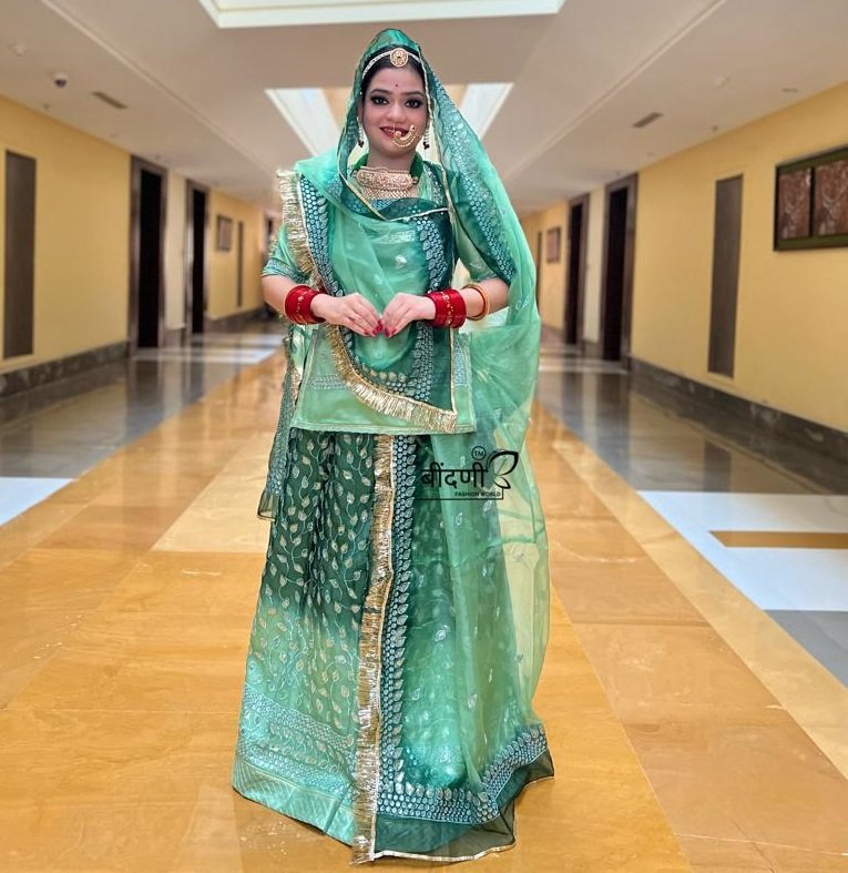 Emerald Enchantment: Two-Tone Elegance in Organza Poshak(Semi stich)