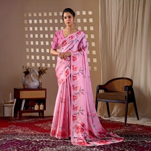 Elegant Baby Pink Floral Georgette Saree with Blouse - Luxury Indian Wedding Attire