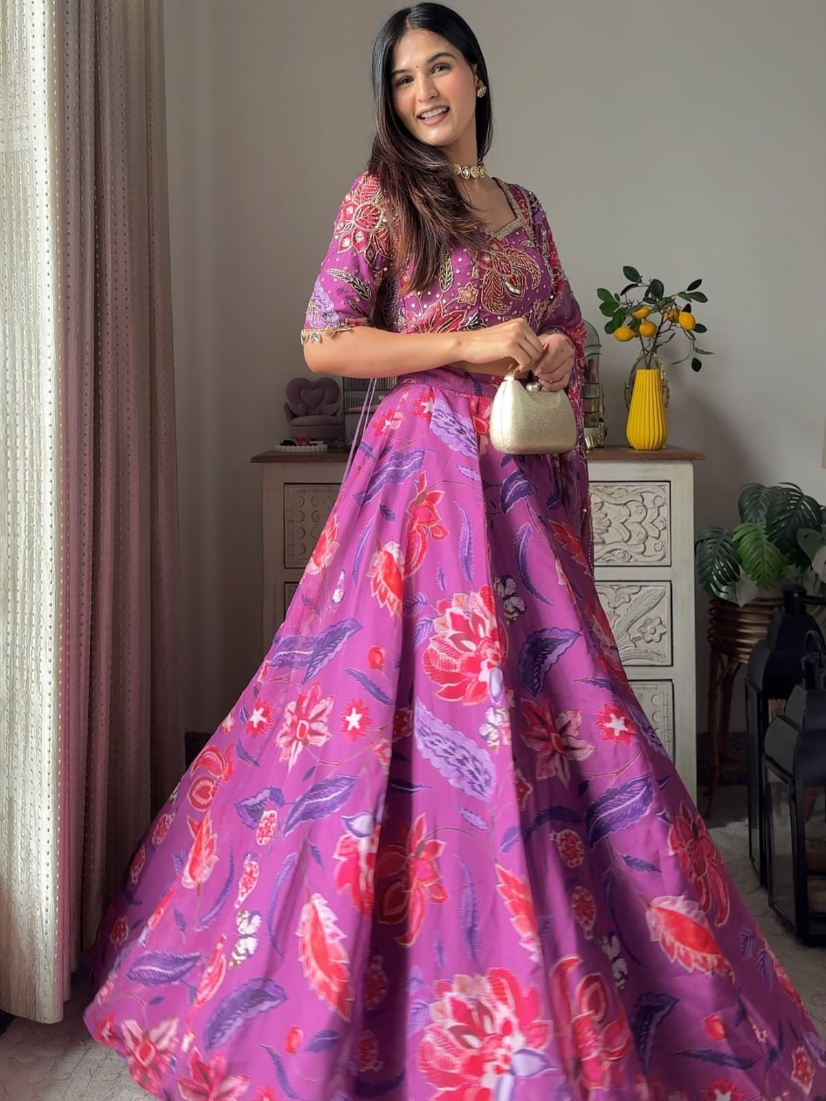 Beautiful Premium Floral Georgette Lehenga – Heavy Real Mirror & Sequins Work