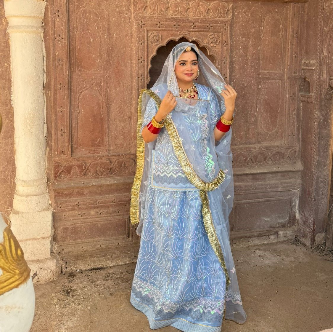 Bindani Sapphire Charm: Blue Net Poshak with Net Odhna (Semi Stich)