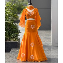 Premium Georgette Handpaint Fish-Cut Lehenga Set With Designer Ruffle Sleeves & Cascade Dupatta – Exclusive Real-Shoot Design