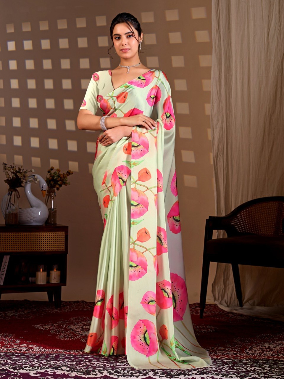 Elegant Pista Green Satin Georgette Saree with Pink Floral Print | Soft & Stylish Party Wear Saree with Blouse Piece