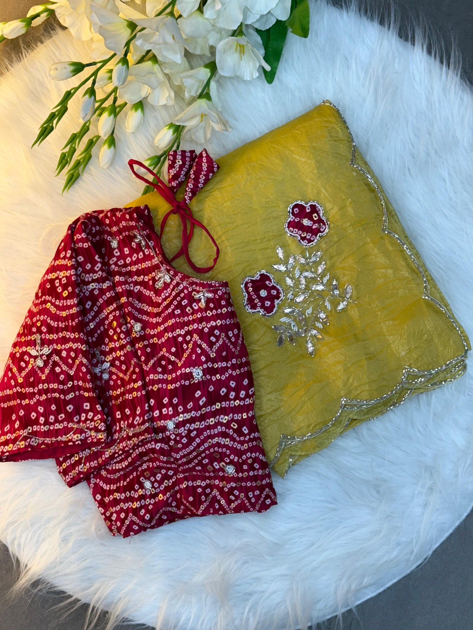 Designer Bandhej Blouse Saree For Women
