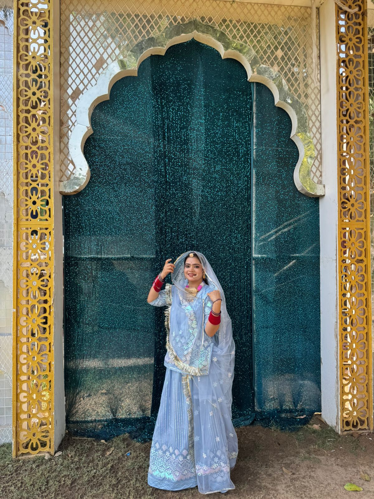 Blue Net Poshak with Net Odhna With Heavy Sequence And Codding Work(Semi Stich)