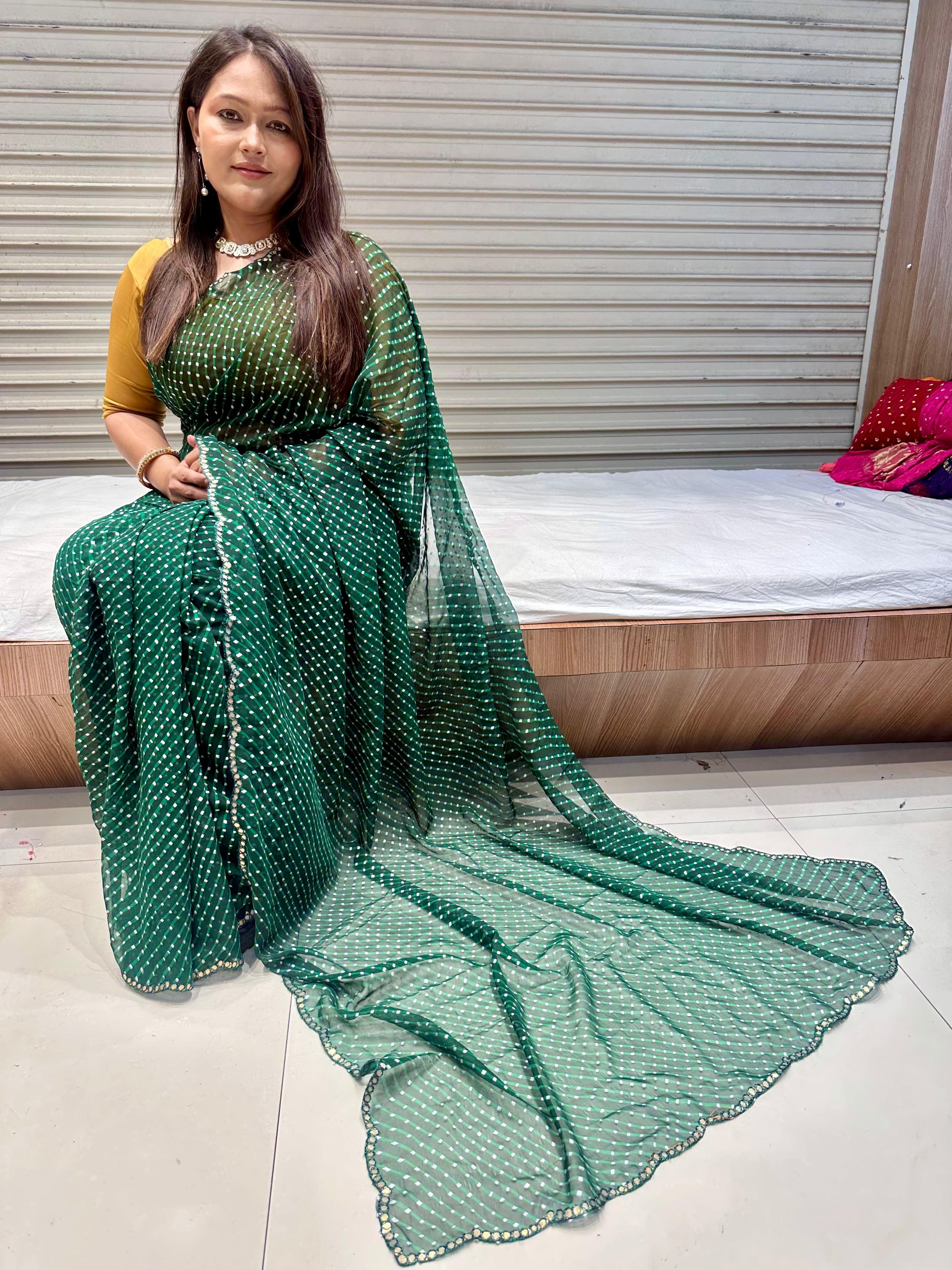 Elegant Bandhani Leriya Print Viscose Georgette Saree with Gota Patti Border Blouse