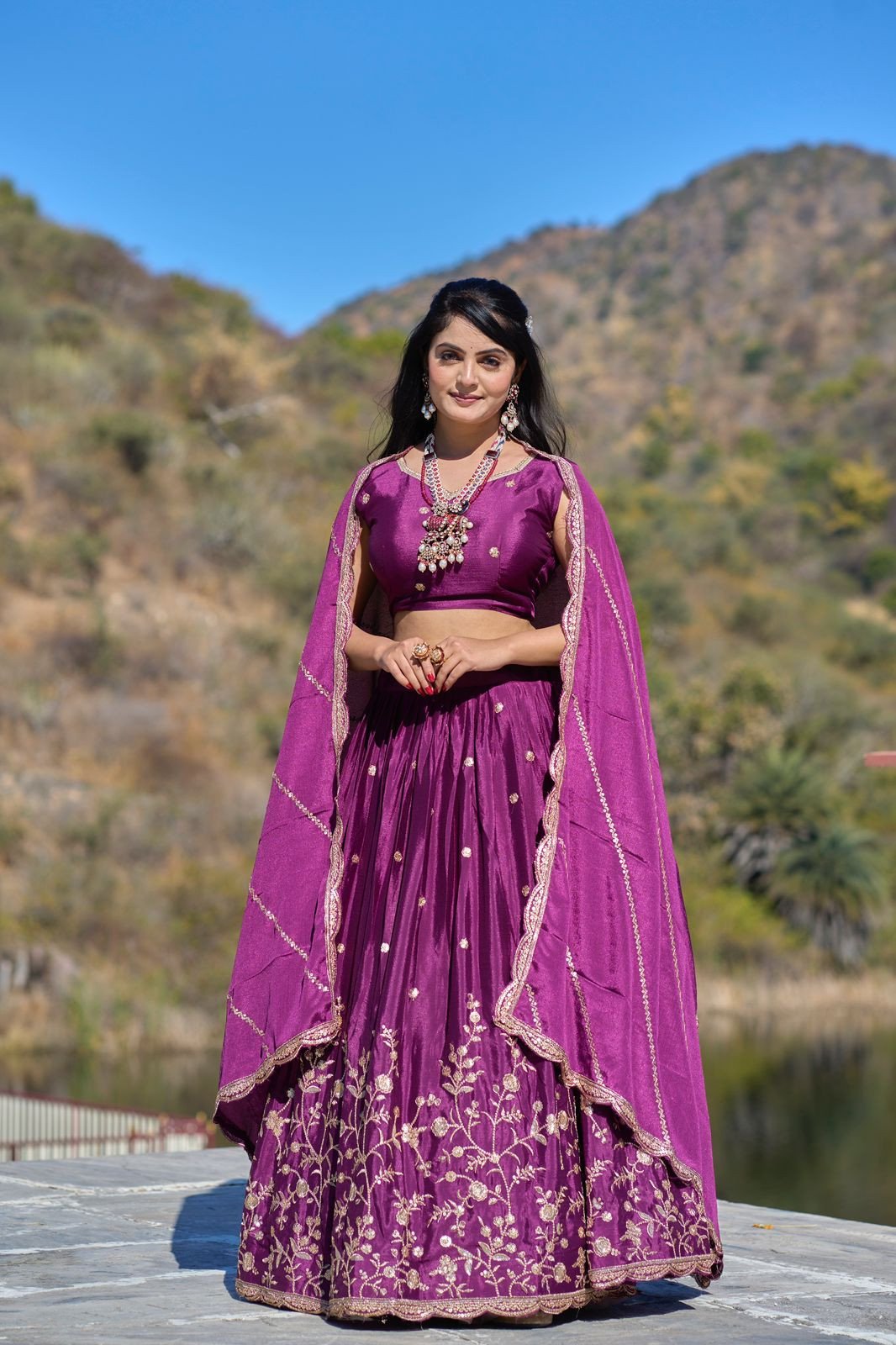 Wine Coloured Classical Embroidery Work Lehenga Choli