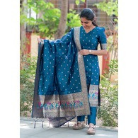 Women’s Jacquard Kurta Pant Dupatta Set | Cerulean Ethnic Wear with Weaving Work & Lace Border