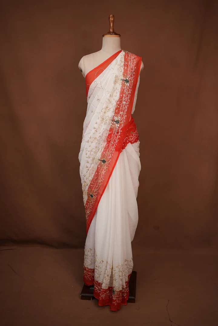 Royal Rajputi Faag Saree with Peacock Design & Jaal Pattern Work