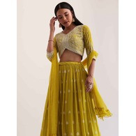 Embellished Mustard Semi-Stitched Georgette Lehenga Choli with Dupatta