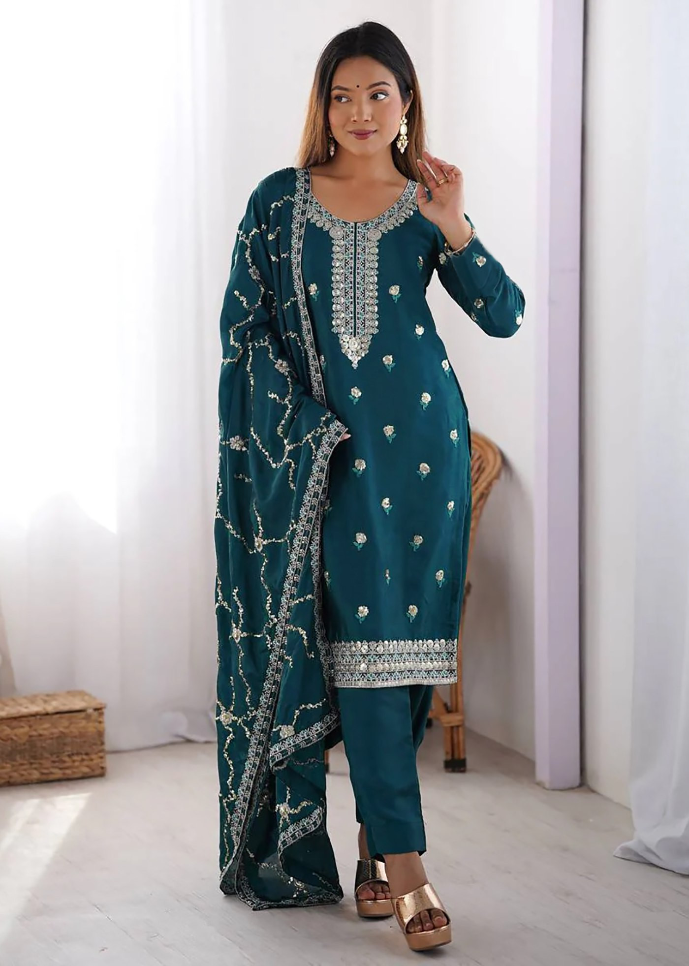 Elegant Rama Green Embroidered Kurta Pant Dupatta Set for Women | Tesla Fabric | Festive & Party Wear