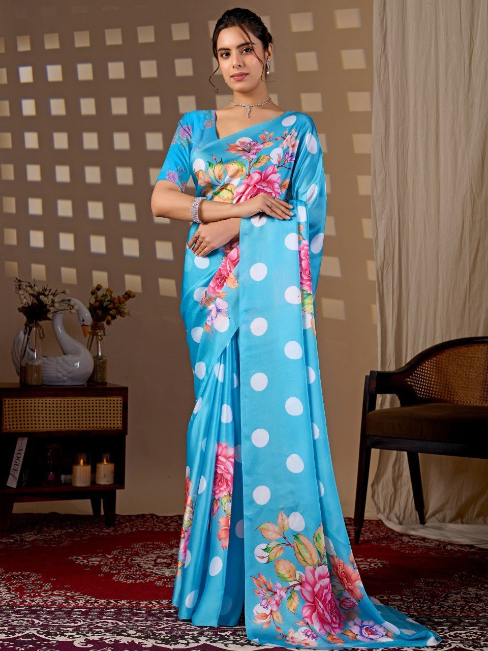 Elegant Sky Blue Satin Georgette Saree with White Polka Dots & Floral Digital Print