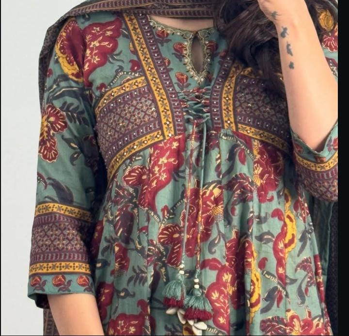 printed flared anarkali With neckline pants set with printed cotton dupatta Set Women