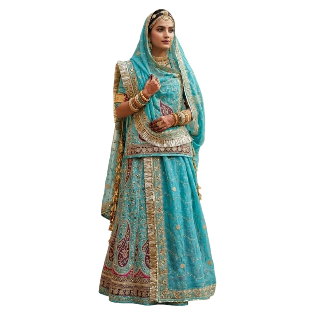 Designer 14 Kali 3.50 MTR Gher Flared Poshak with Heavy Velvet Border & Pure Odhani