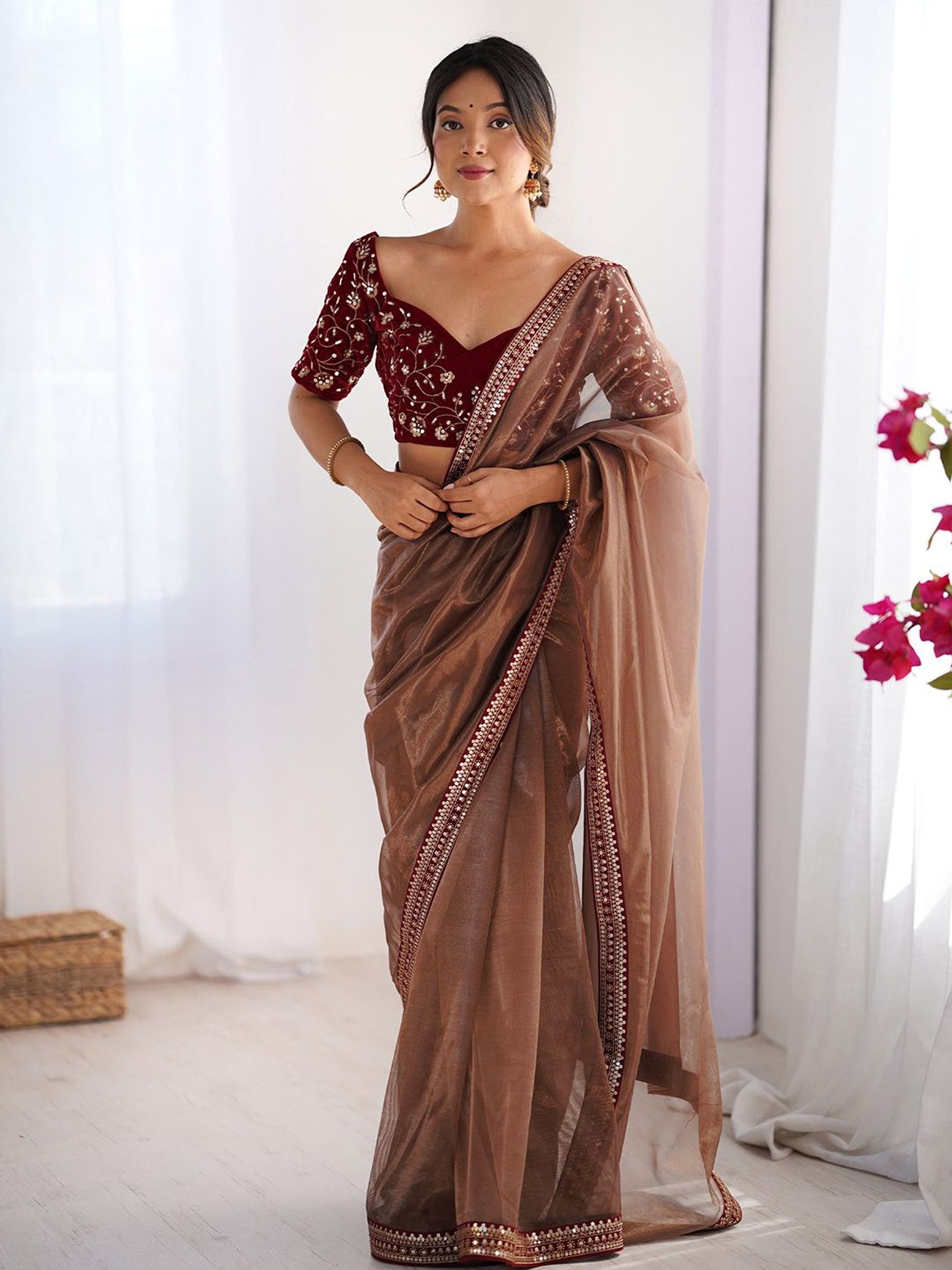 Women’s Party Wear Brown Net Saree with Velvet Blouse