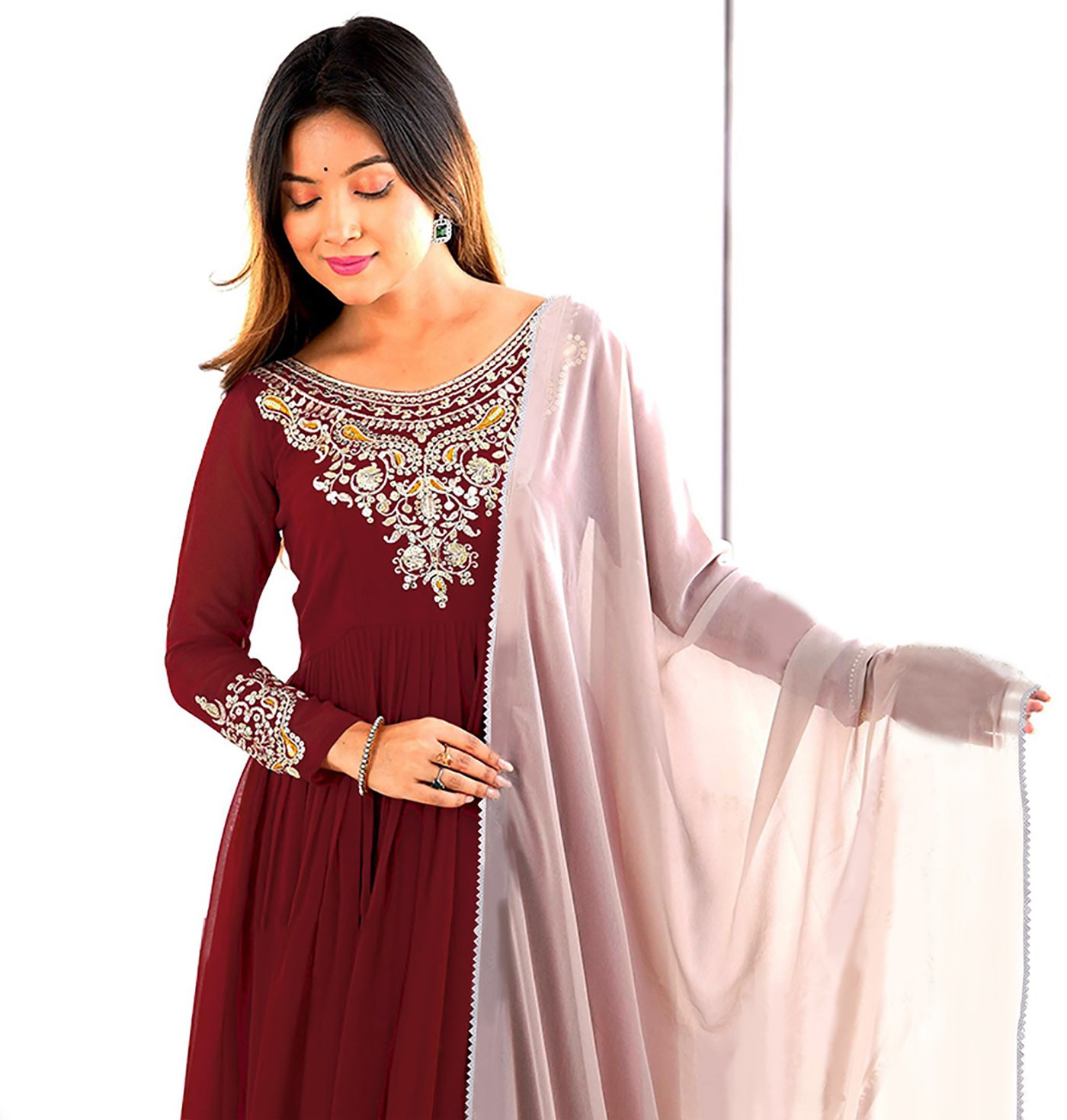 Maroon Embroidered Georgette Stitched Anarkali Gown with Dupatta