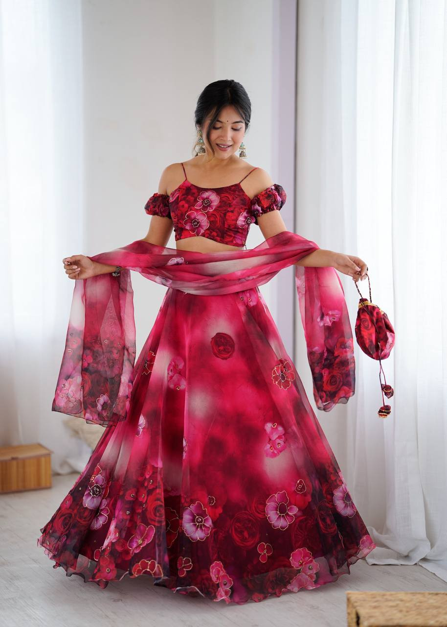 Organza Digital Print Lehenga Set with Dupatta & Batwa Bag