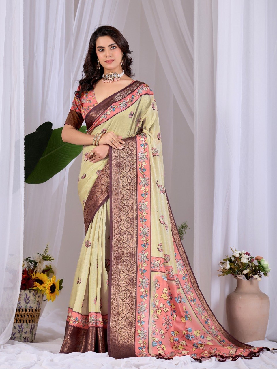 Soft Lichi Silk Saree with Pastel Floral Print & Woven Border | Elegant Traditional Saree with Contrast Blouse