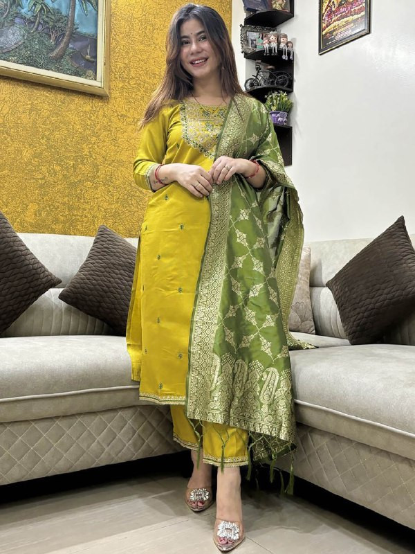 Mustard Tesla Silk Embroidered Kurta Pant Dupatta Set for Women | Festive Ethnic Wear