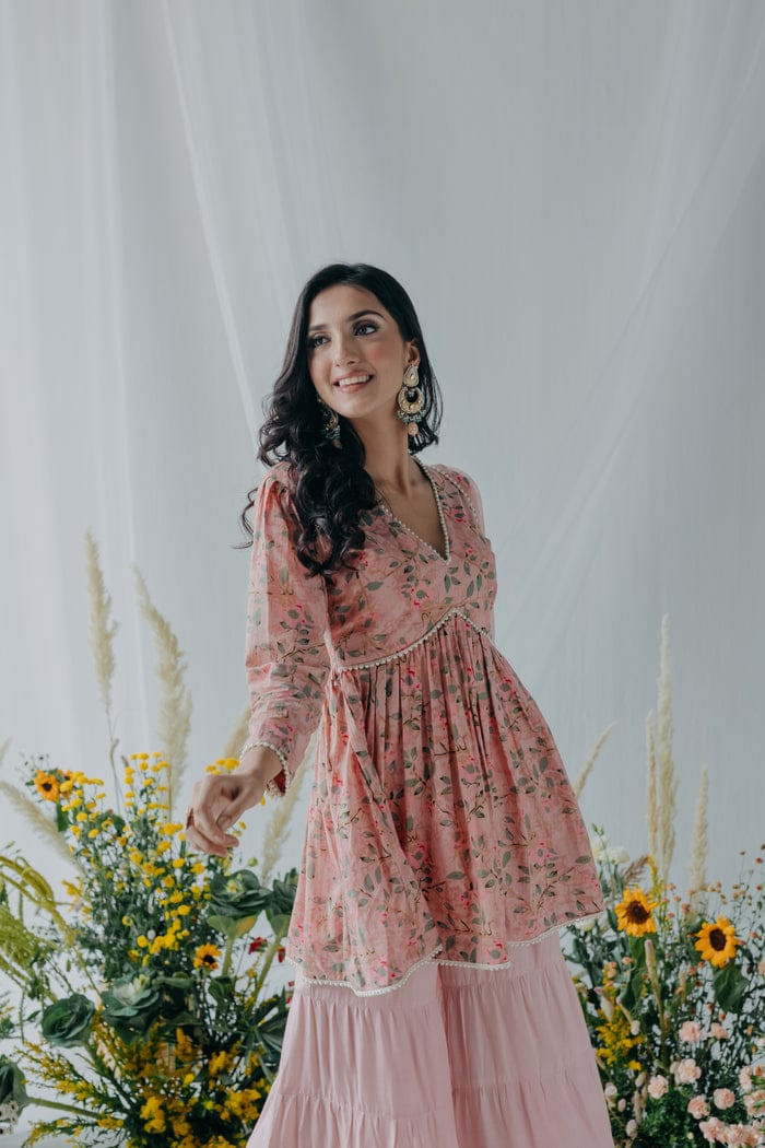 PINK PRINTED COTTON  KURTI & SHARARA SET