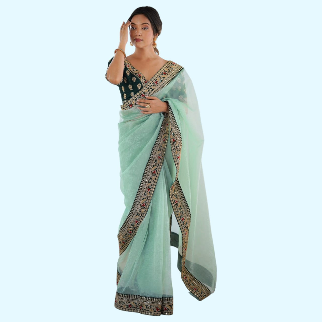 Sky Blue Net Wedding Wear Saree with Banglori Blouse