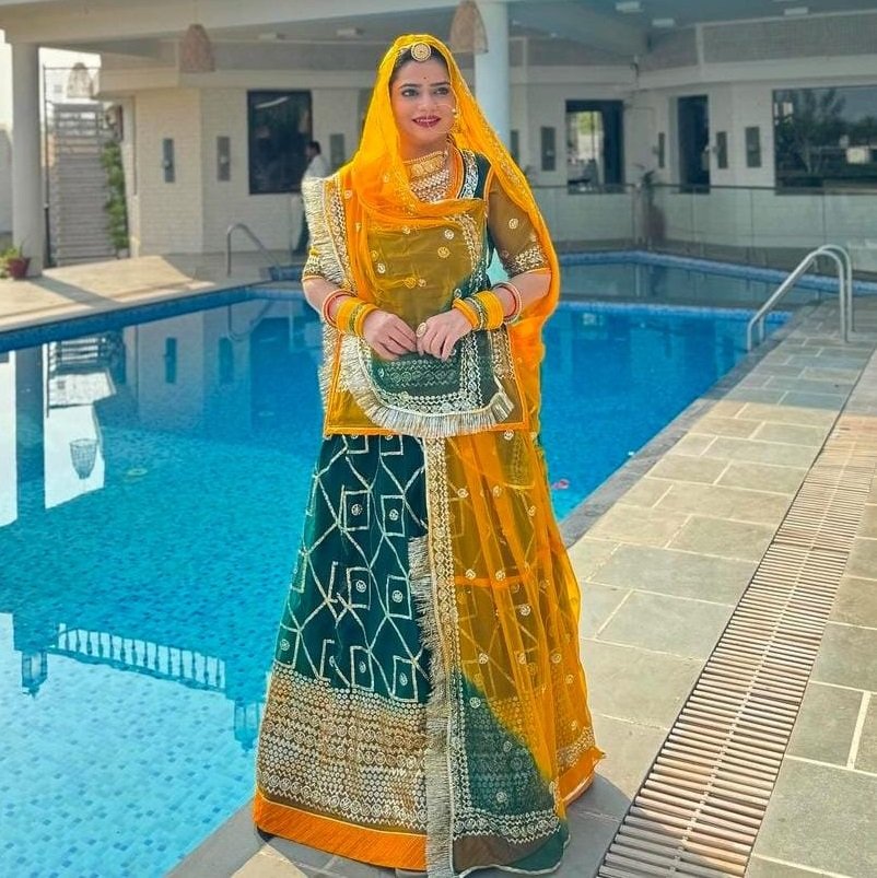 Yellow Green Partywear High Organza Poshak With Sequence Work