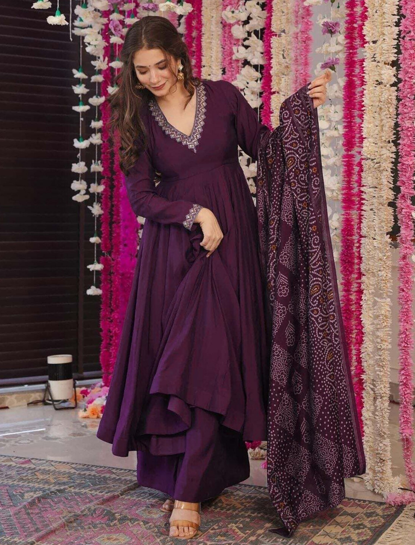 Purple Taara Anarkali Suit Set | Embroidered Vichitra Kurti with Palazzo & Chanderi Dupatta
