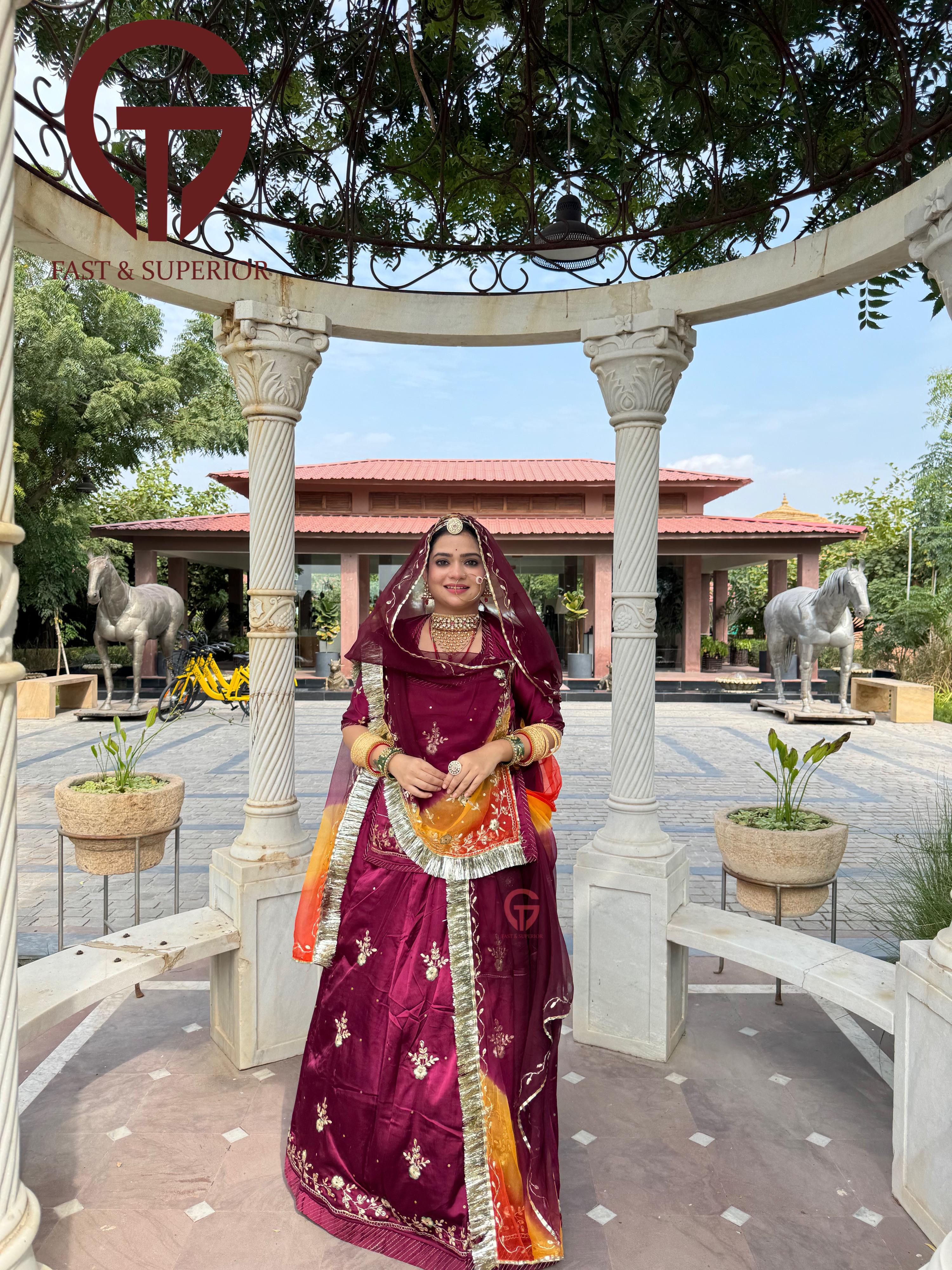 Satin Wine Coloured Poshak With Pita Kundan Work (Semi Stich)