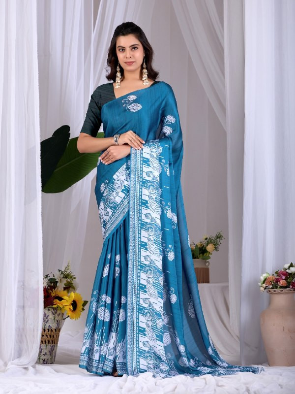Elegant Teal Blue Satin Georgette Saree with White Floral Print