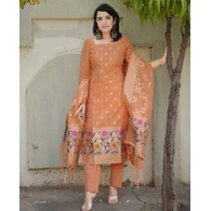 Women’s Jacquard Kurta Pant Dupatta Set | Peach Ethnic Wear with Weaving Work & Lace Border