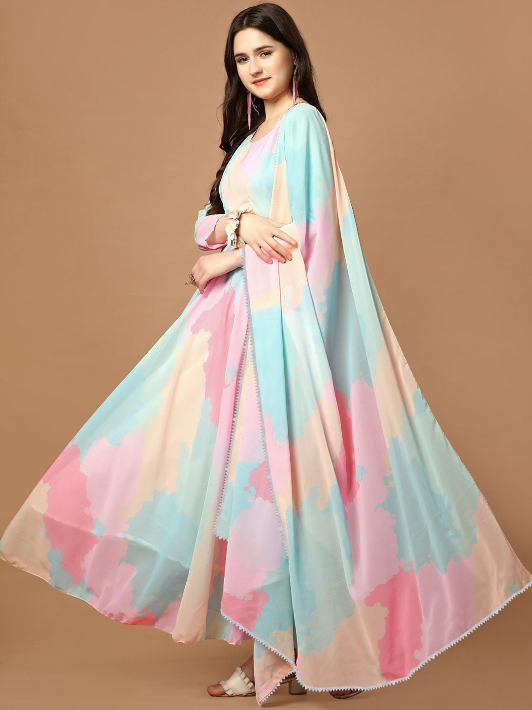 Printed Georgette Stitched Anarkali Gown with Dupatta – Multicolour, Full Sleeve, Party & Festive Wear