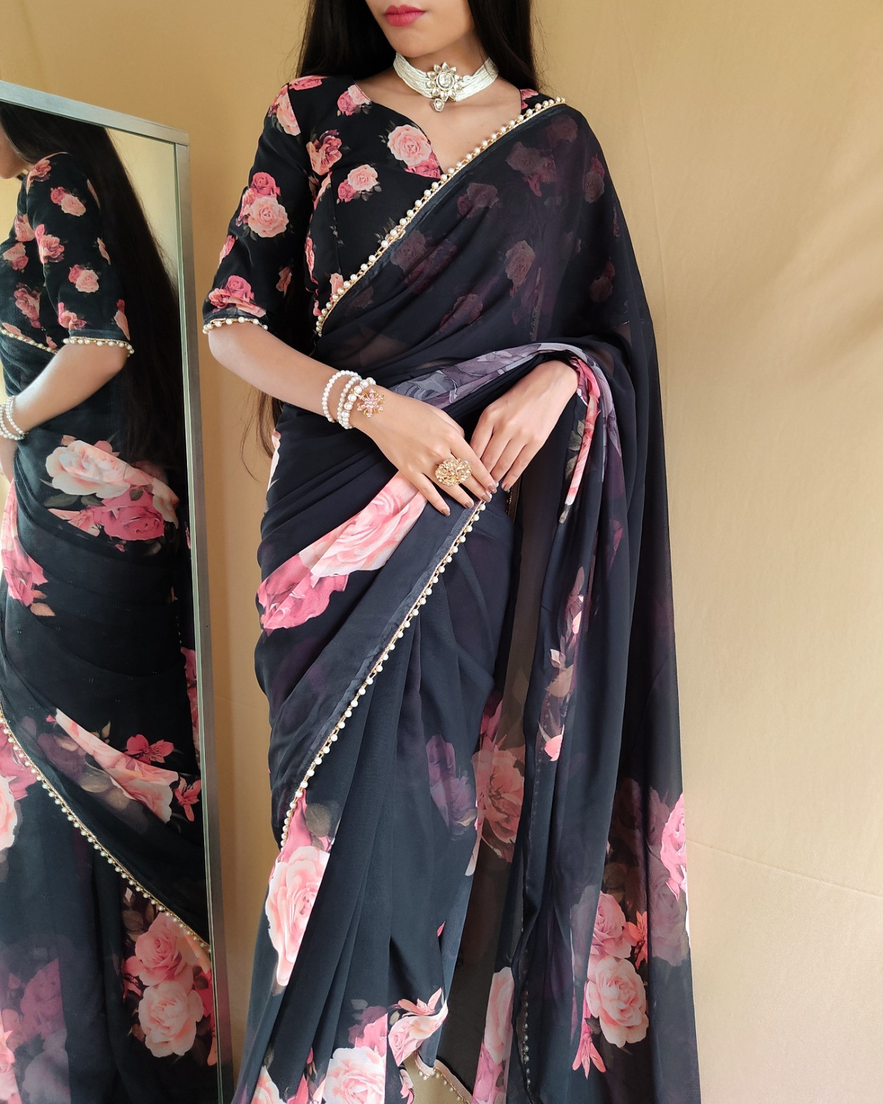 Georgette Printed Saree With Pearl Lace Boder